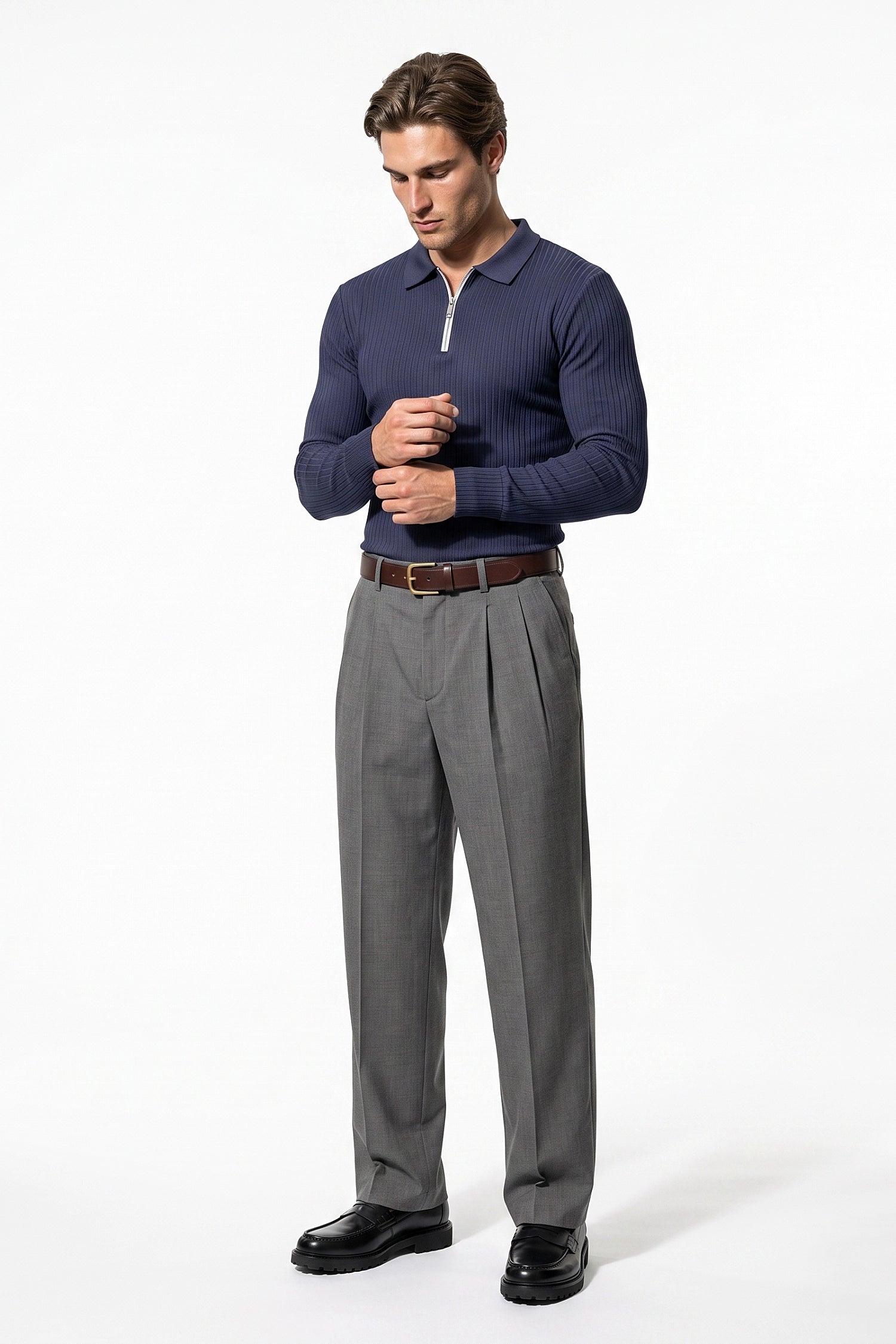 Men’s Winter Comfortable Quarter Zip Ribbed Knit Long Sleeve Polo