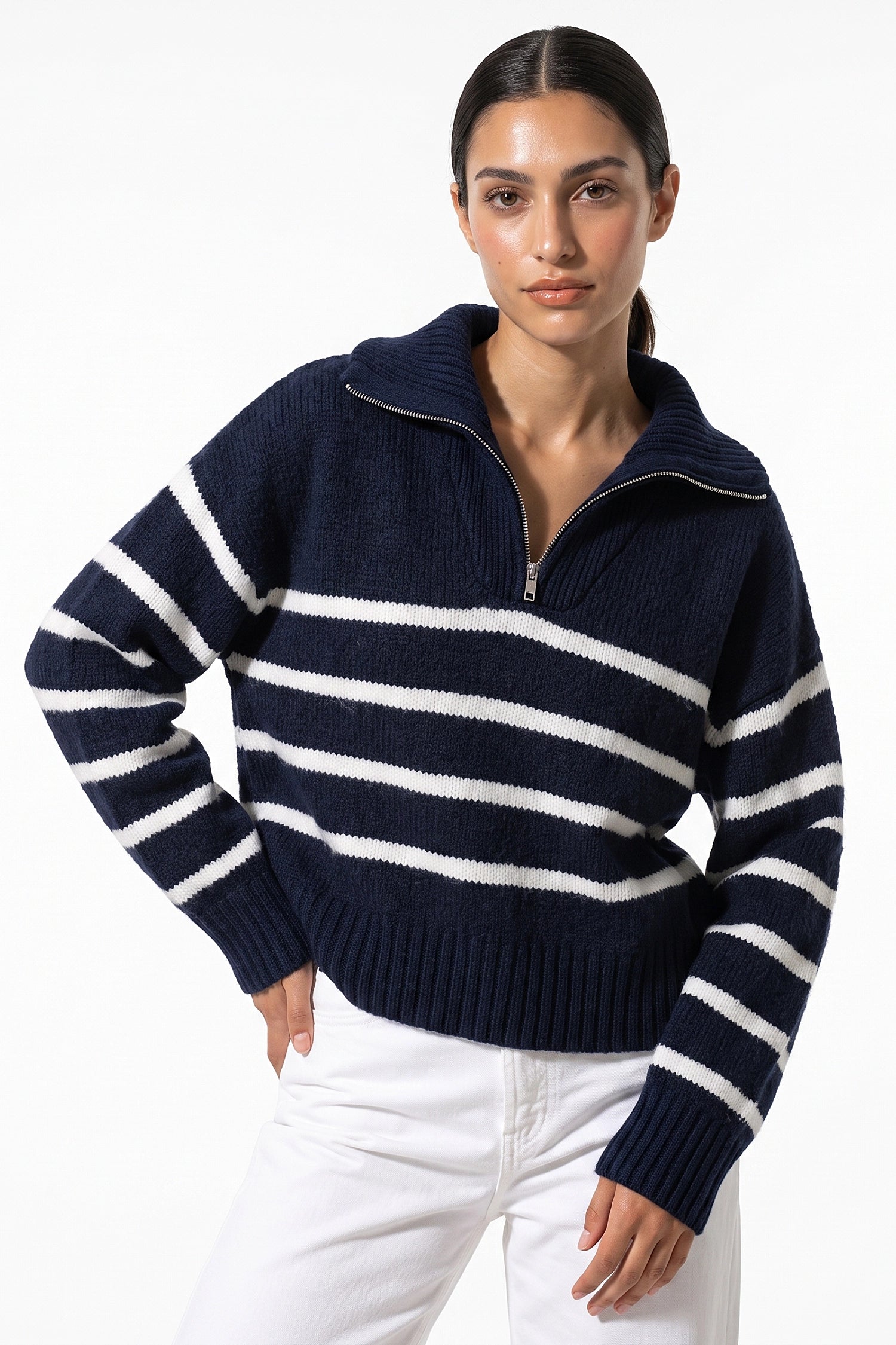 Women's Winter Warm Striped Knit Jumper with Quarter Zip
