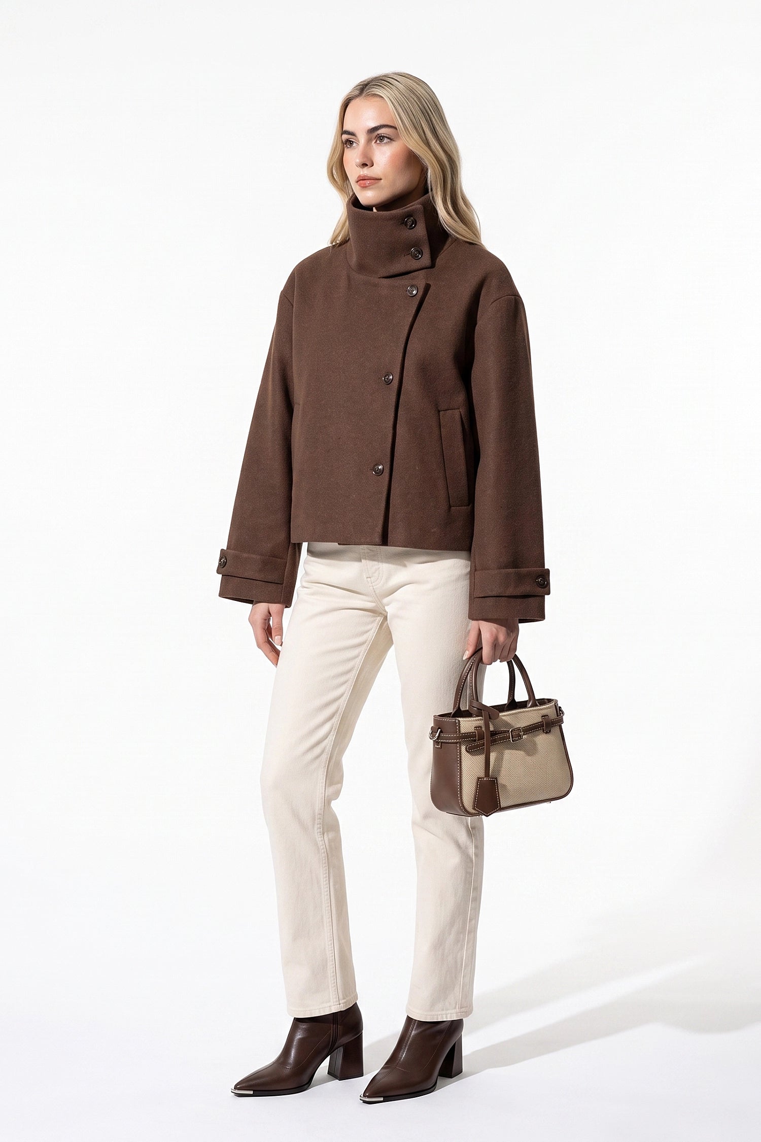 Women's Winter Warm Wool Short Trench Coat with High Collar Button Front