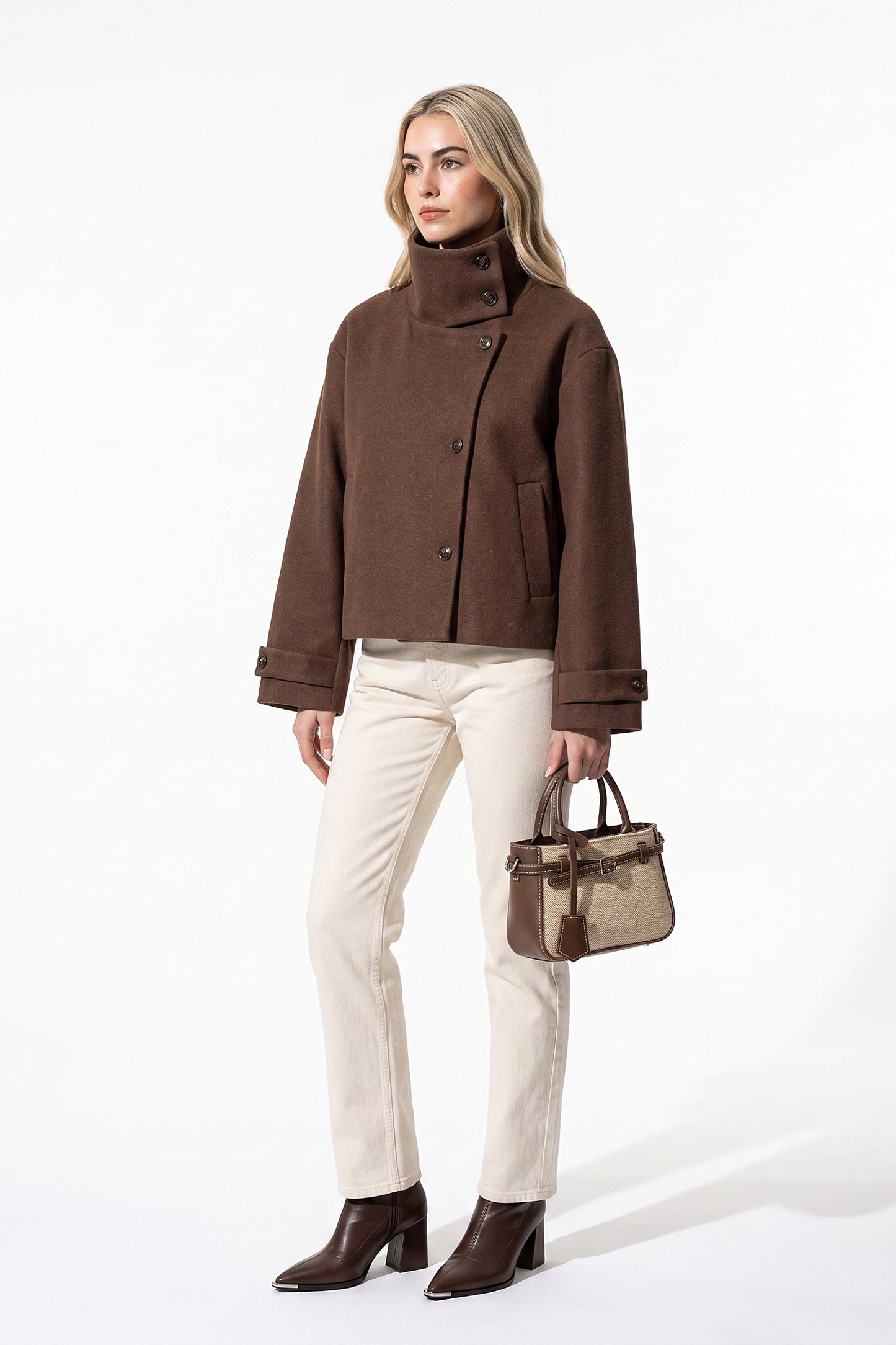 Women's Winter Warm Wool Short Trench Coat with High Collar Button Front