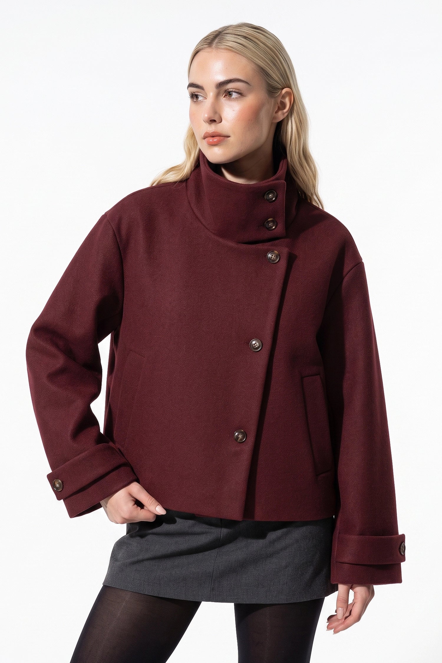 Women's Winter Warm Wool Short Trench Coat with High Collar Button Front