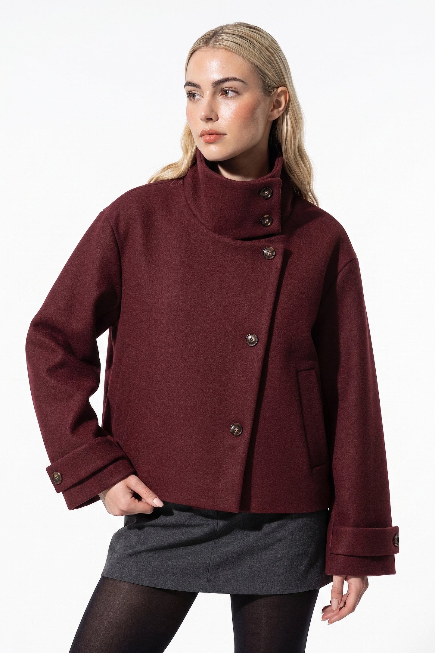 Women's Winter Warm Wool Short Trench Coat with High Collar Button Front