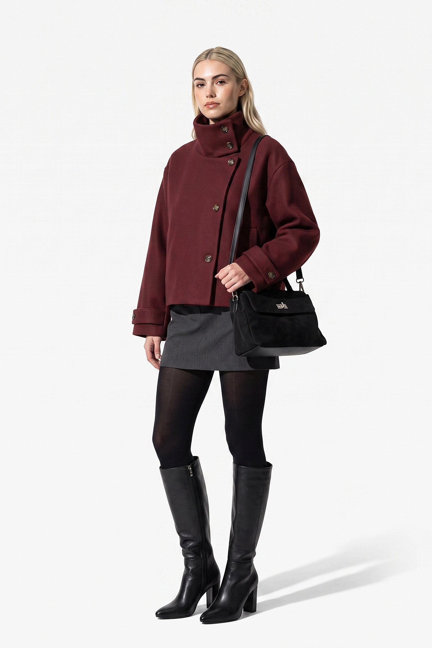 Women's Winter Warm Wool Short Trench Coat with High Collar Button Front