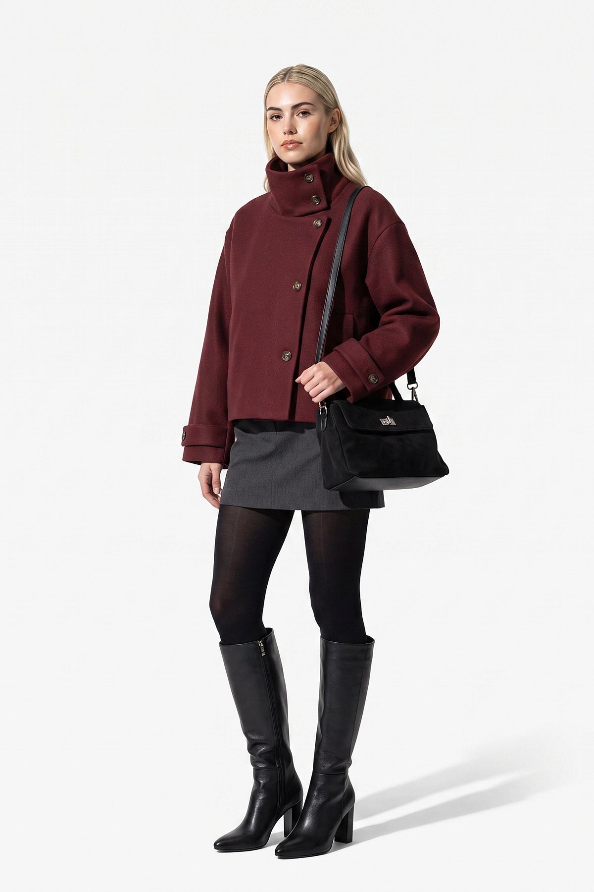 Women's Winter Warm Wool Short Trench Coat with High Collar Button Front