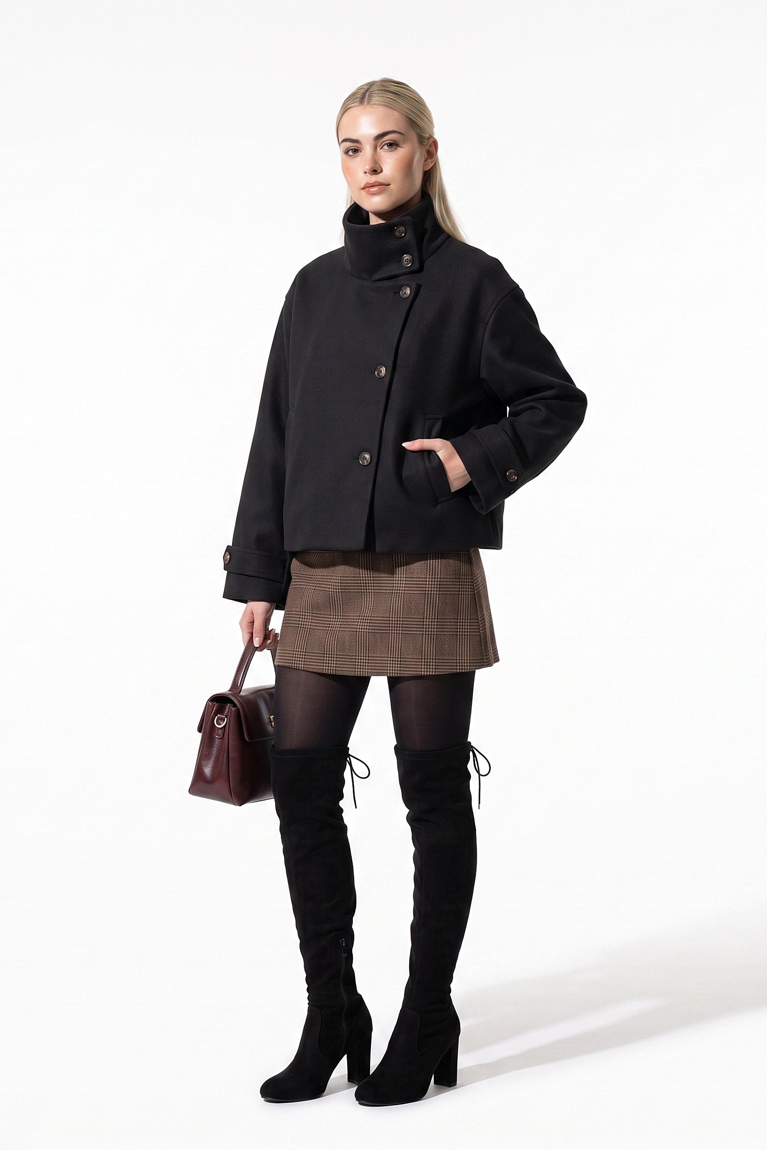 Women's Winter Warm Wool Short Trench Coat with High Collar Button Front