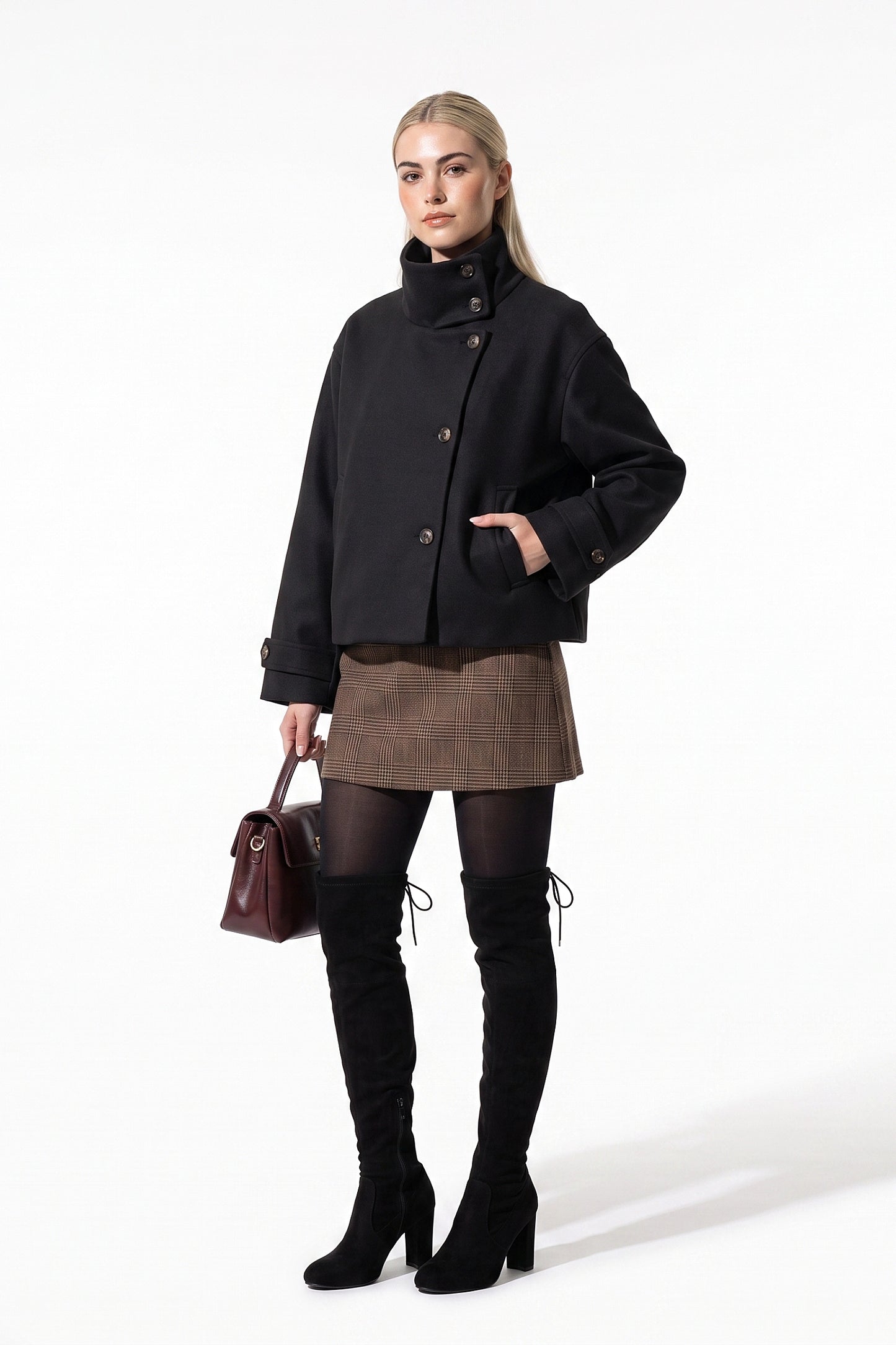 Women's Winter Warm Wool Short Trench Coat with High Collar Button Front