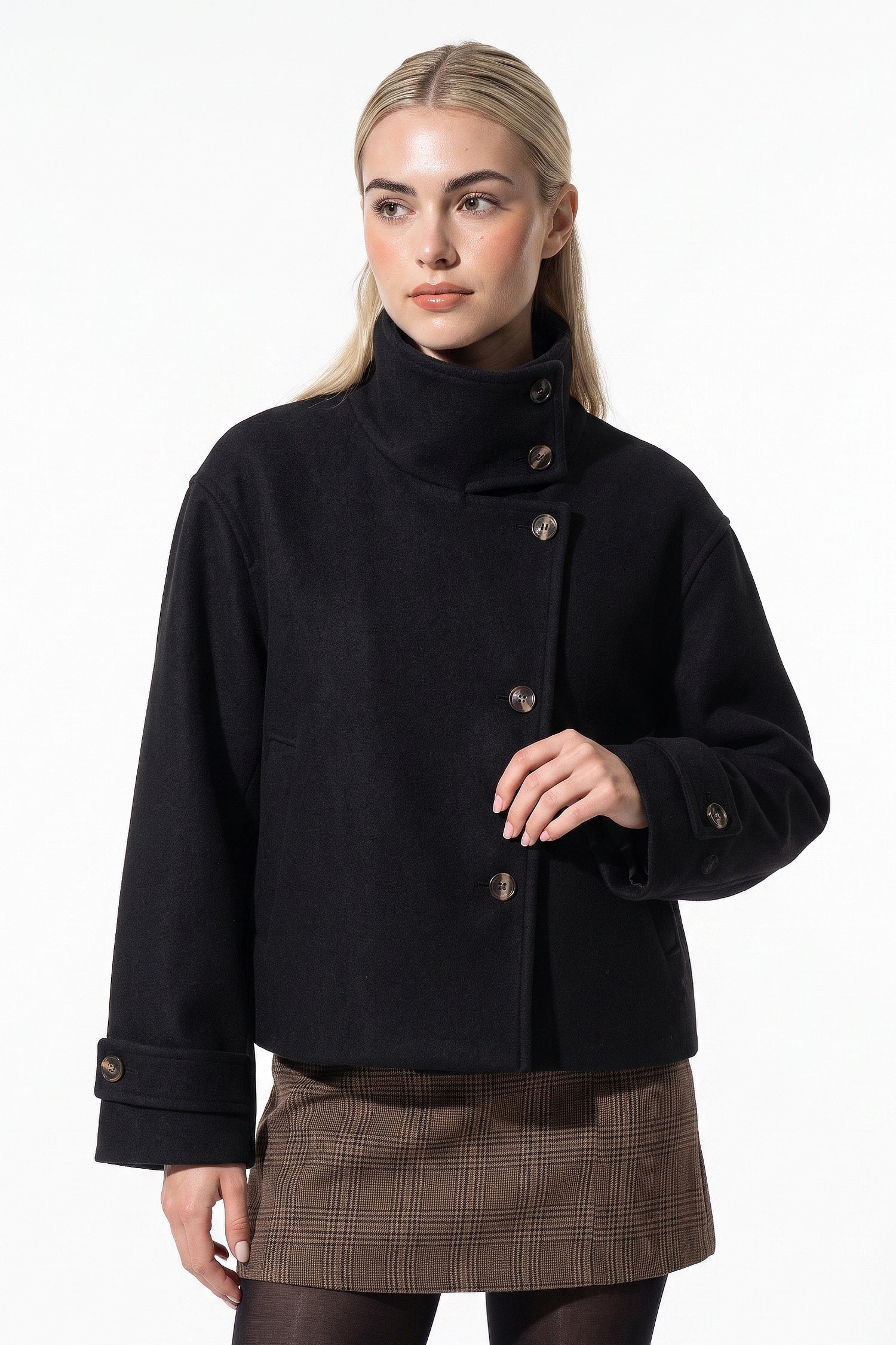 Women's Winter Warm Wool Short Trench Coat with High Collar Button Front