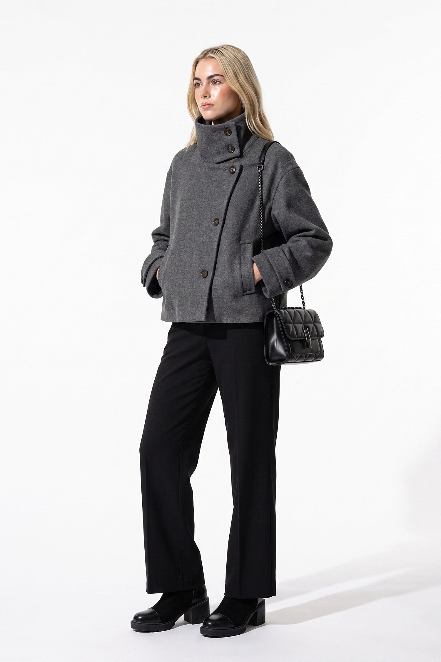 Women's Winter Warm Wool Short Trench Coat with High Collar Button Front