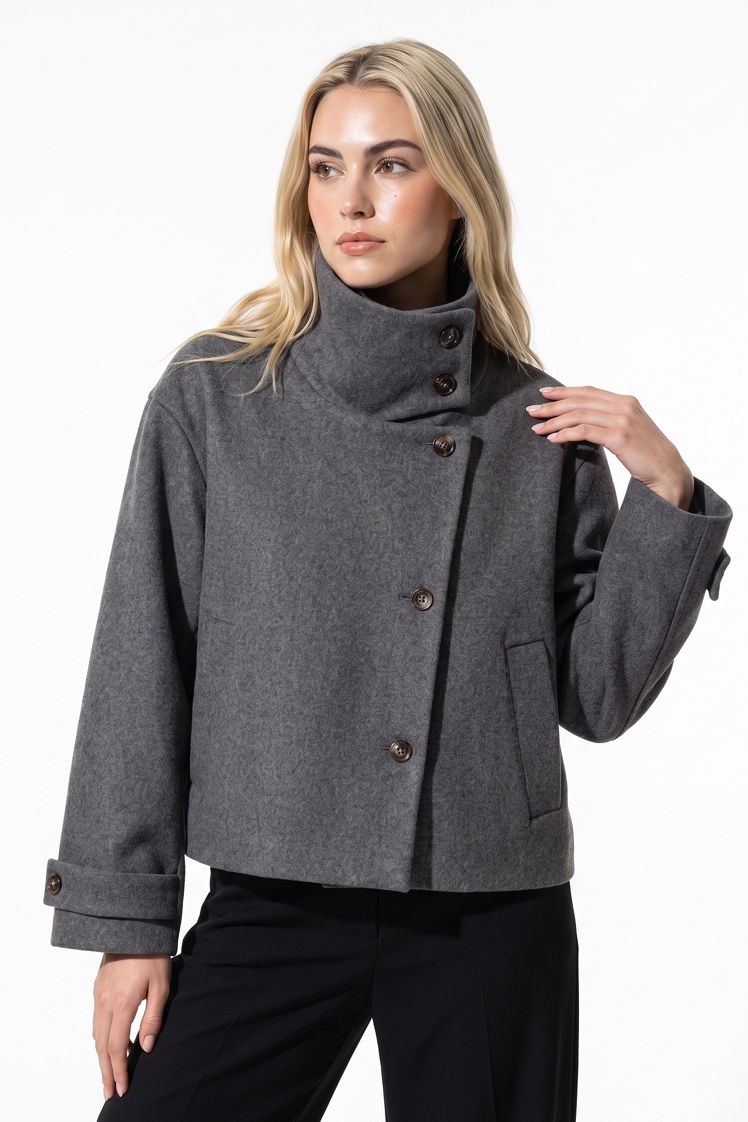 Women's Winter Warm Wool Short Trench Coat with High Collar Button Front