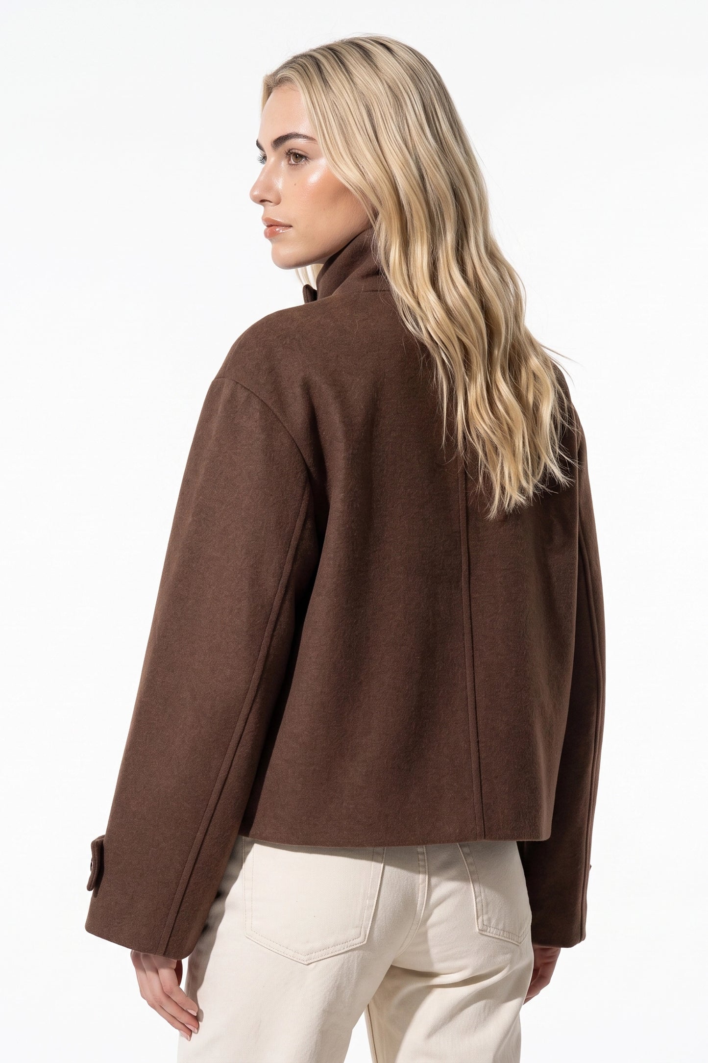Women's Winter Warm Wool Short Trench Coat with High Collar Button Front