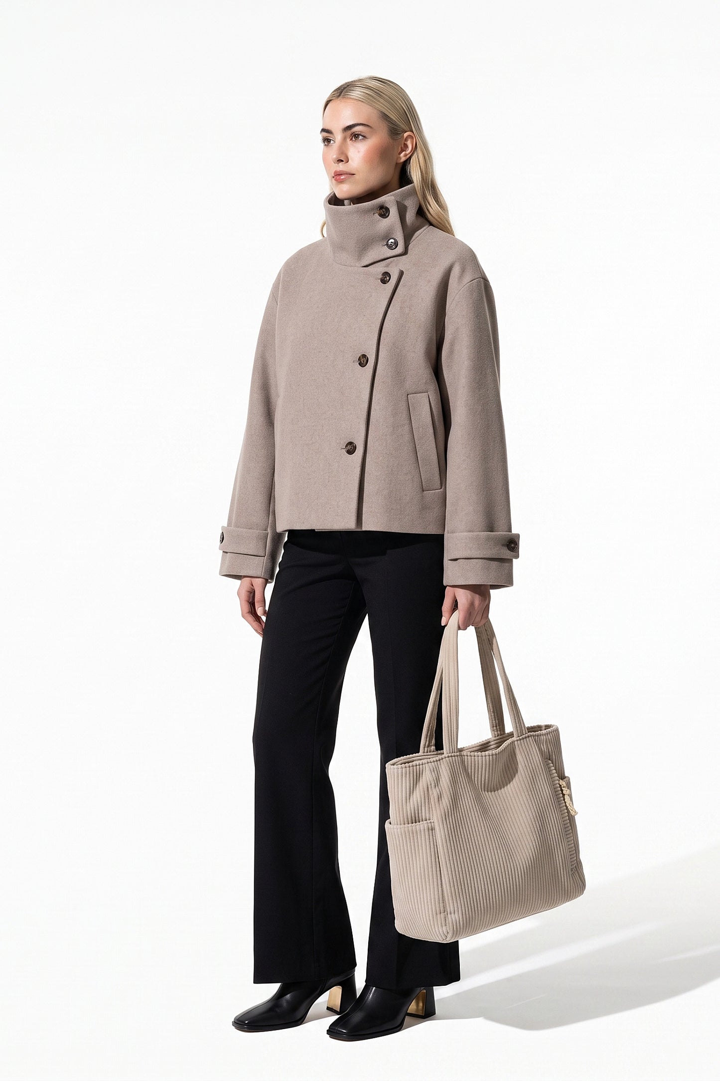 Women's Winter Warm Wool Short Trench Coat with High Collar Button Front