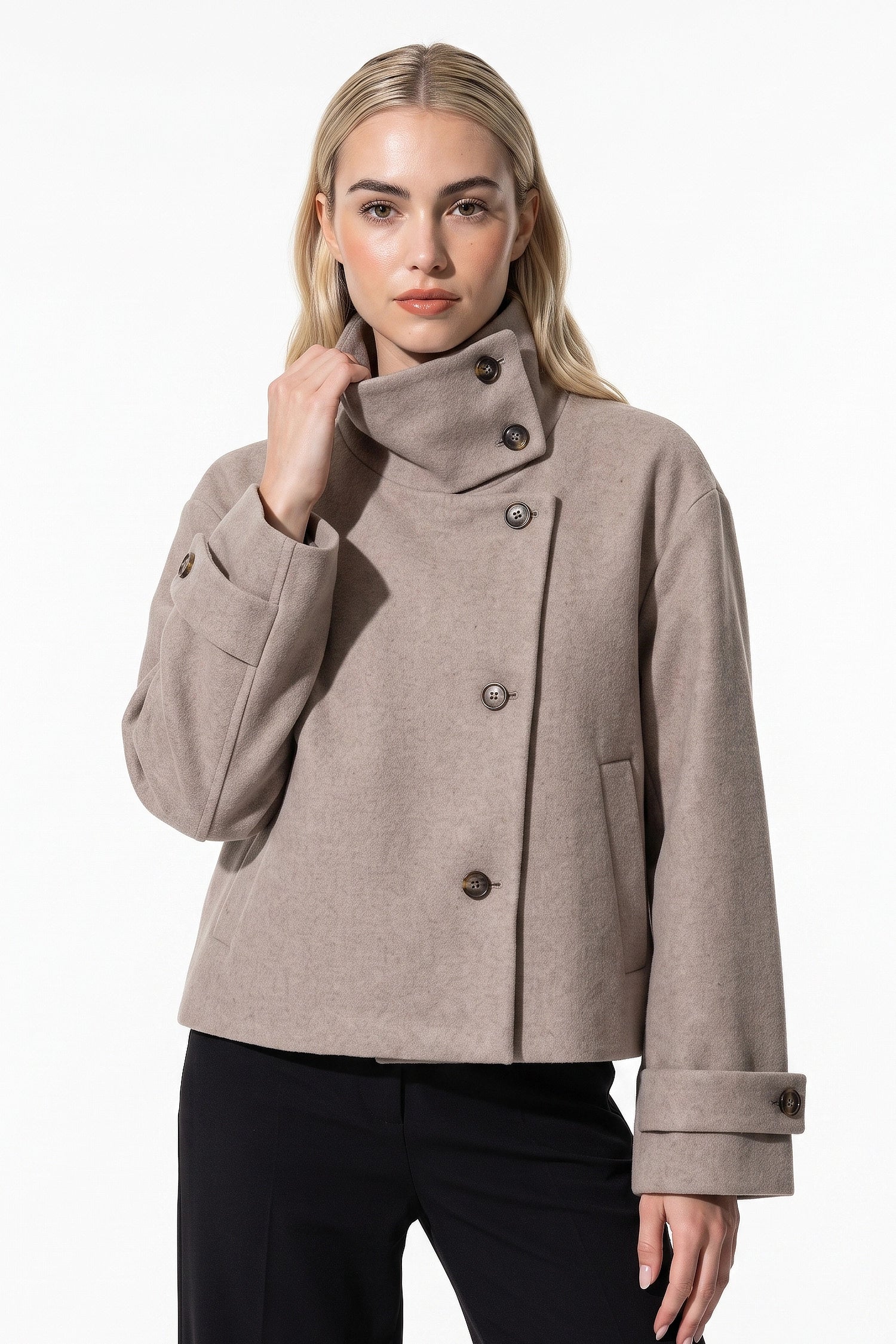 Women's Winter Warm Wool Short Trench Coat with High Collar Button Front