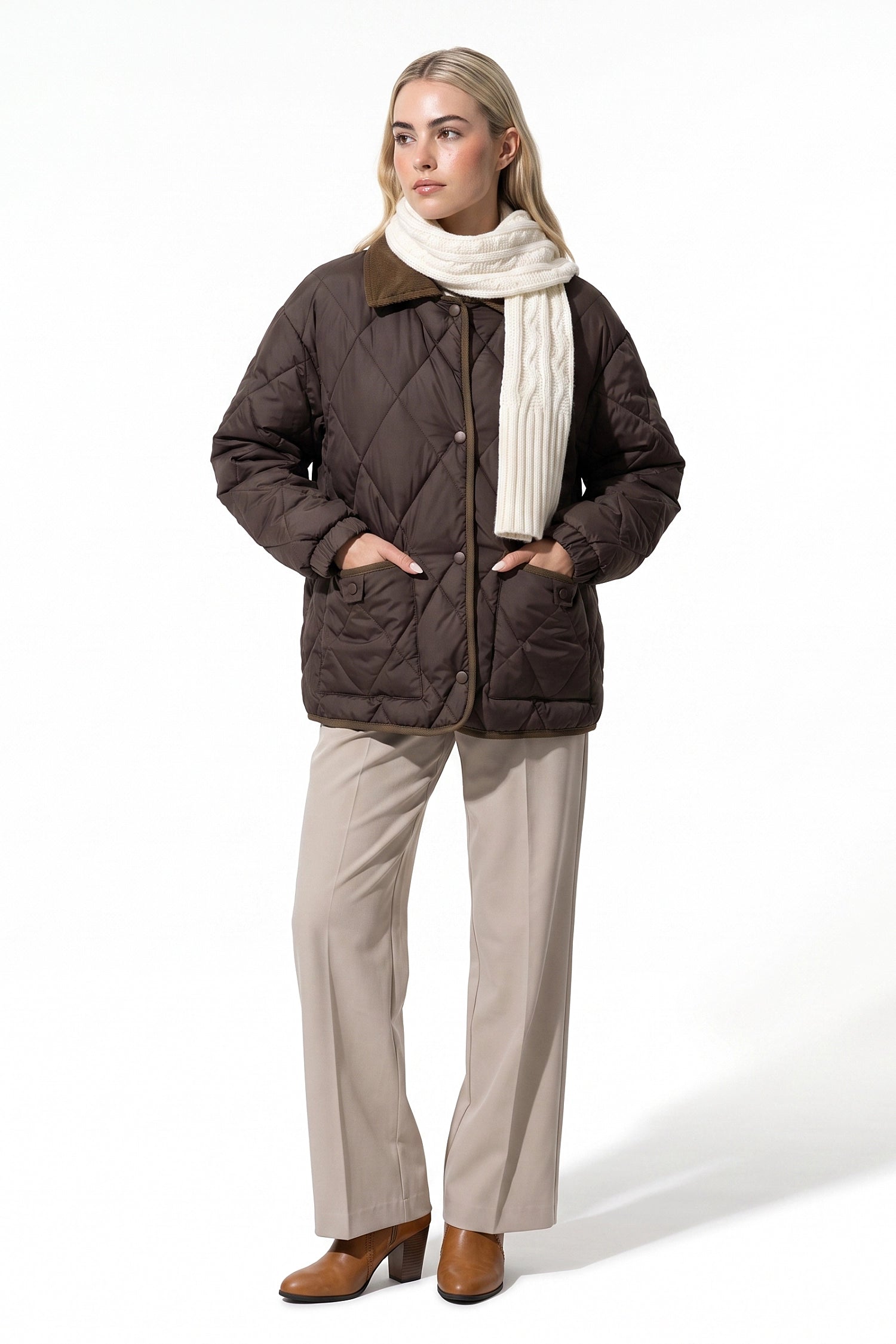 Women's Diamond Quilted Puffer Jacket with Corduroy Collar