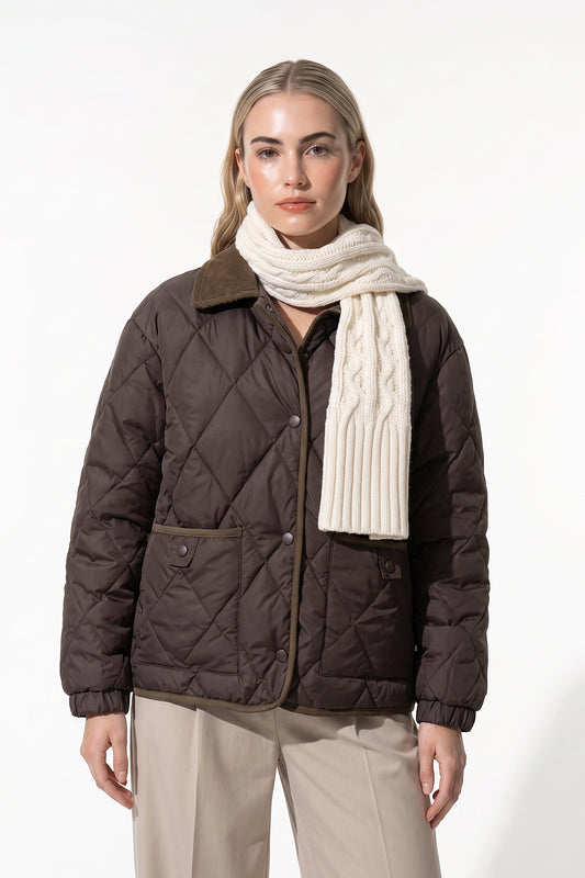 Women's Diamond Quilted Puffer Jacket with Corduroy Collar
