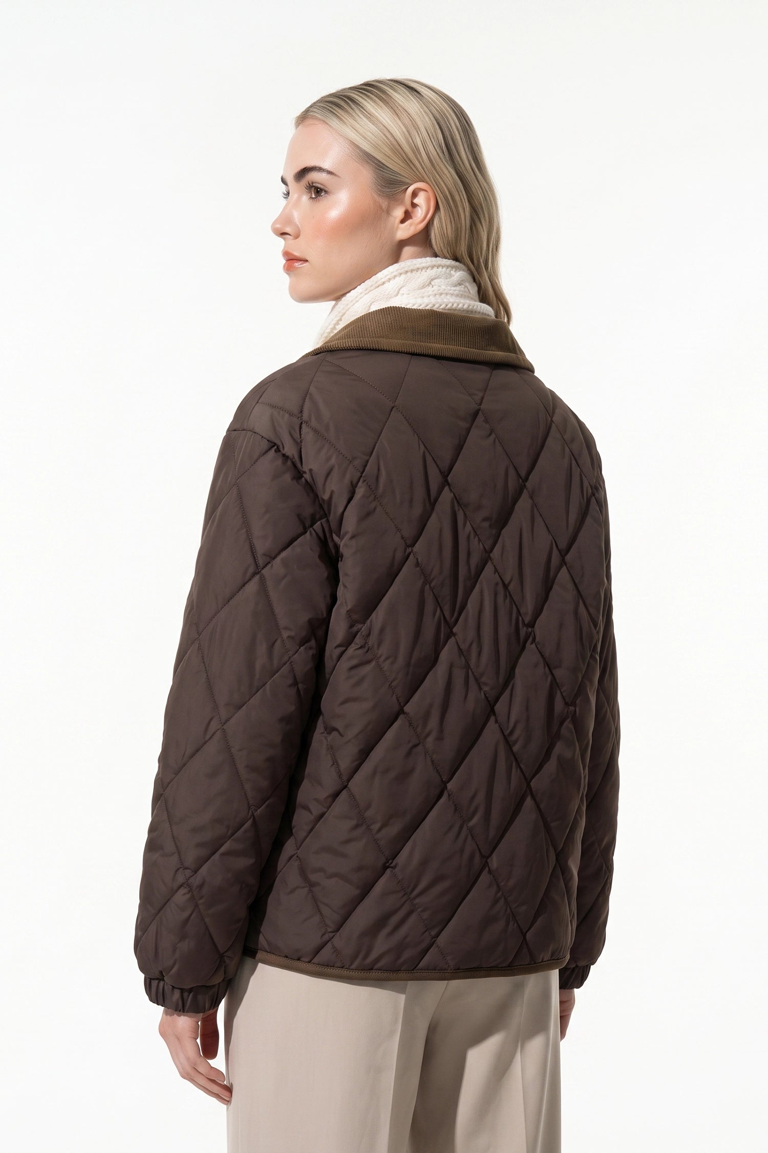 Women's Diamond Quilted Puffer Jacket with Corduroy Collar