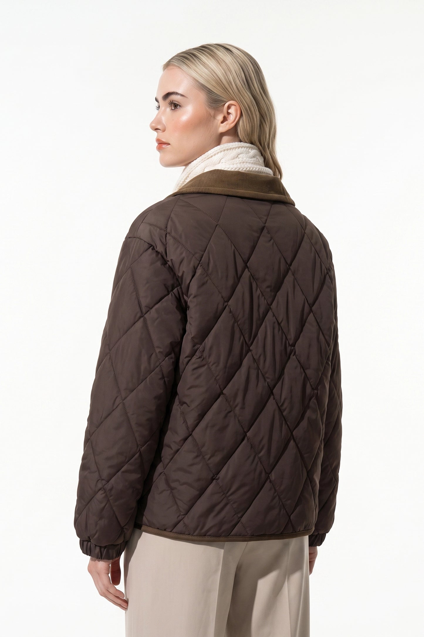 Women's Diamond Quilted Puffer Jacket with Corduroy Collar