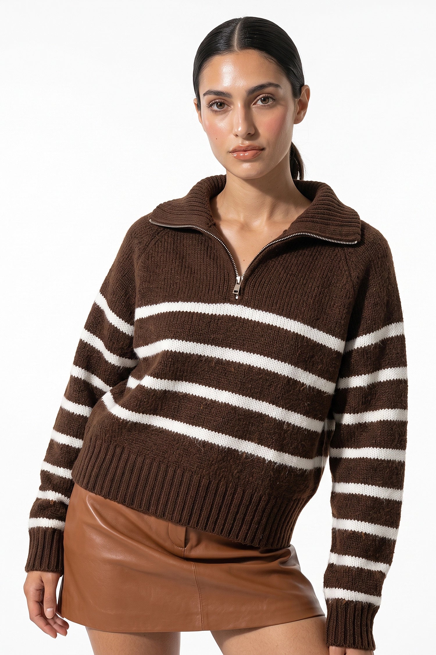 Women's Winter Warm Striped Knit Jumper with Quarter Zip