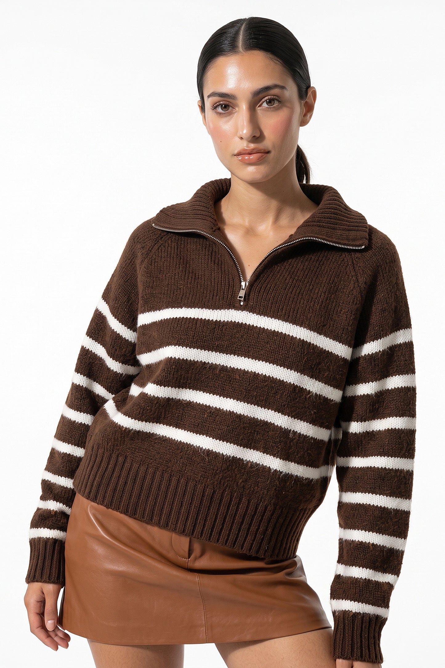 Women's Winter Warm Striped Knit Jumper with Quarter Zip