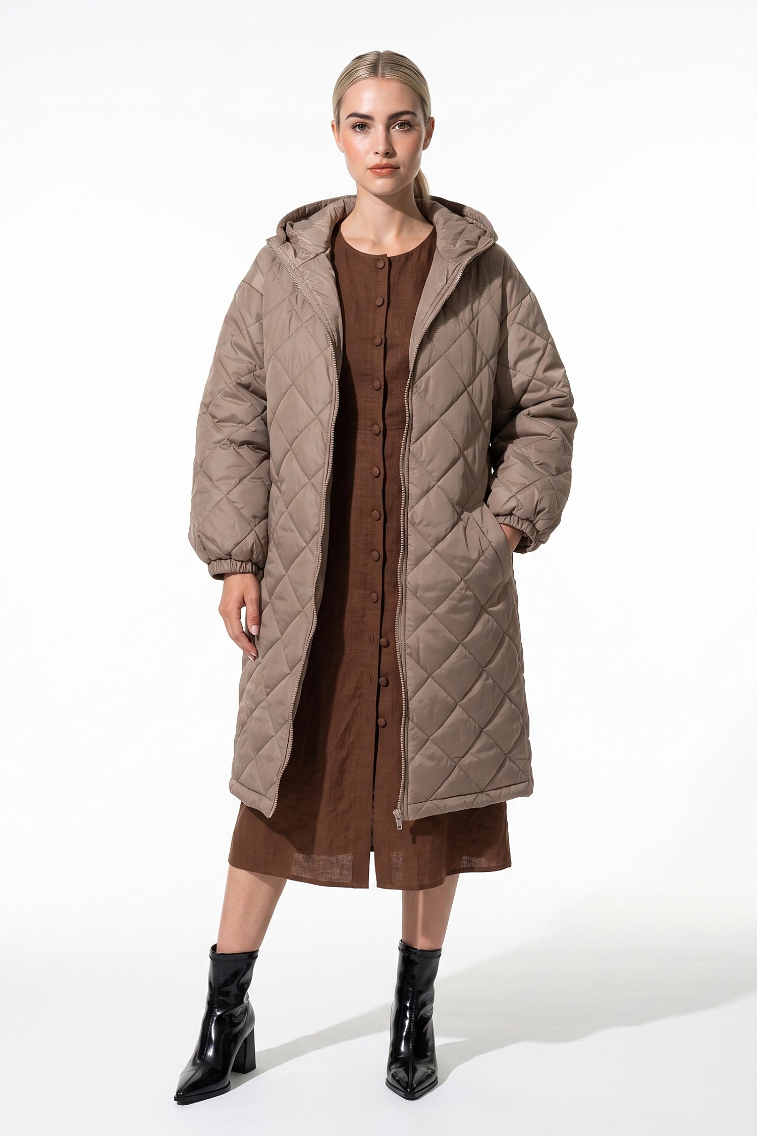 Women's Winter Warm Long Diamond Quilted Hooded Puffer Coat