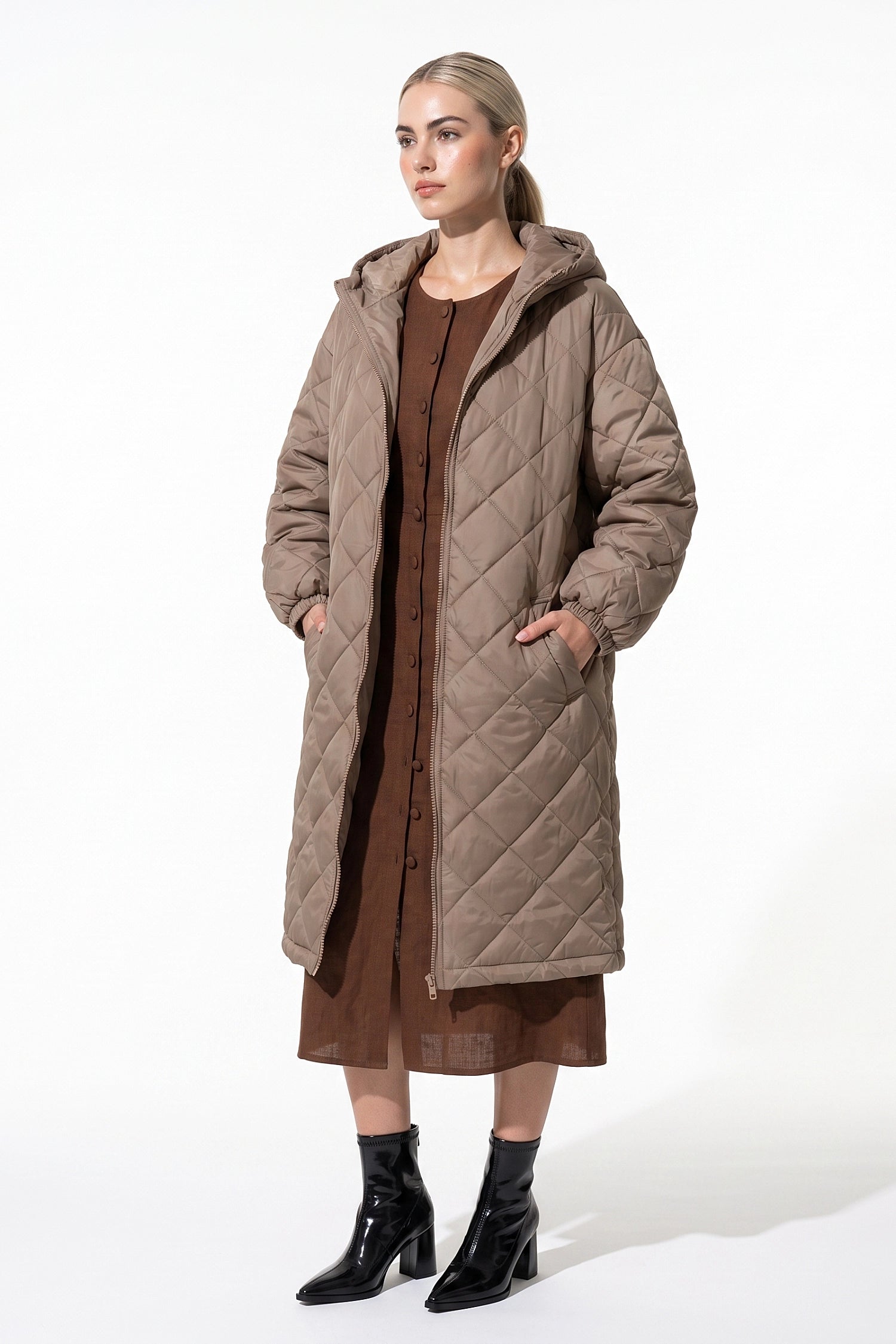 Women's Winter Warm Long Diamond Quilted Hooded Puffer Coat