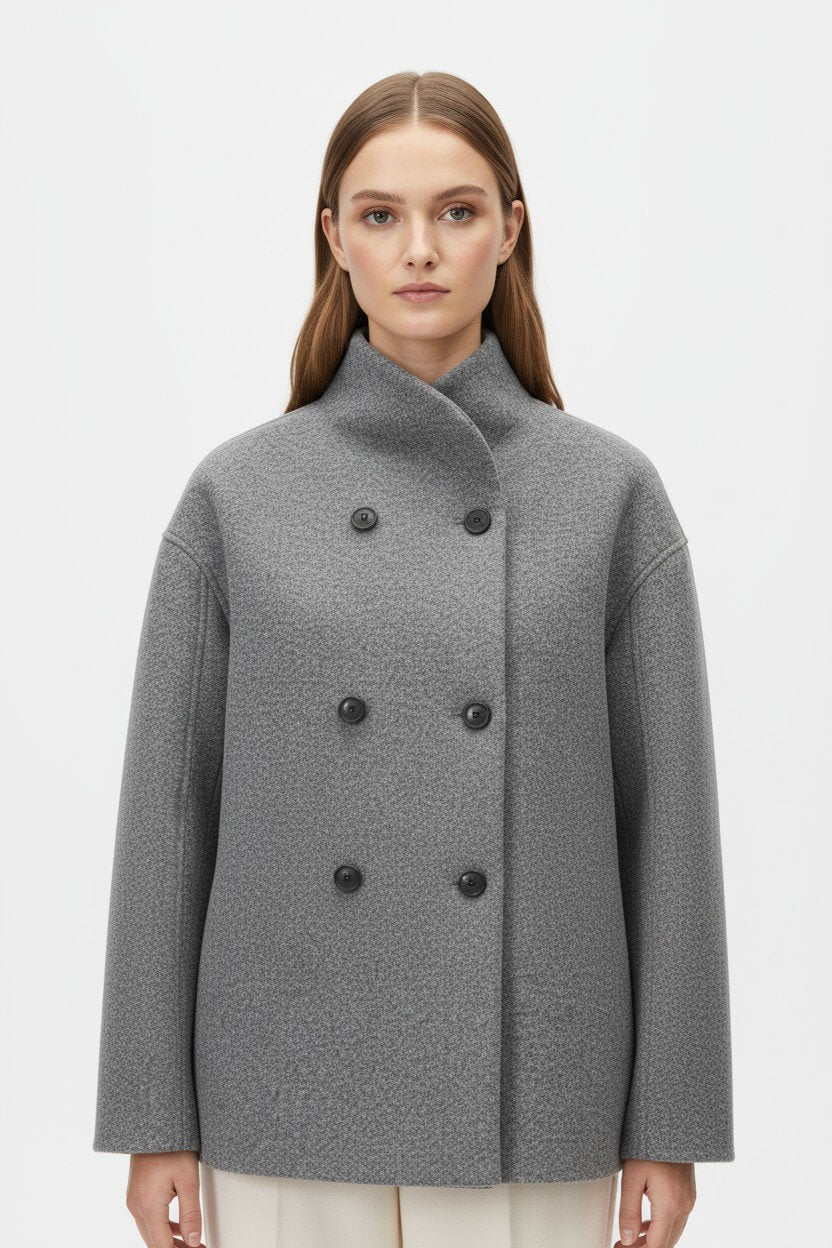 Caurelle | Women’s Wool Coat – Double-Breasted Tatting Weave Elegance