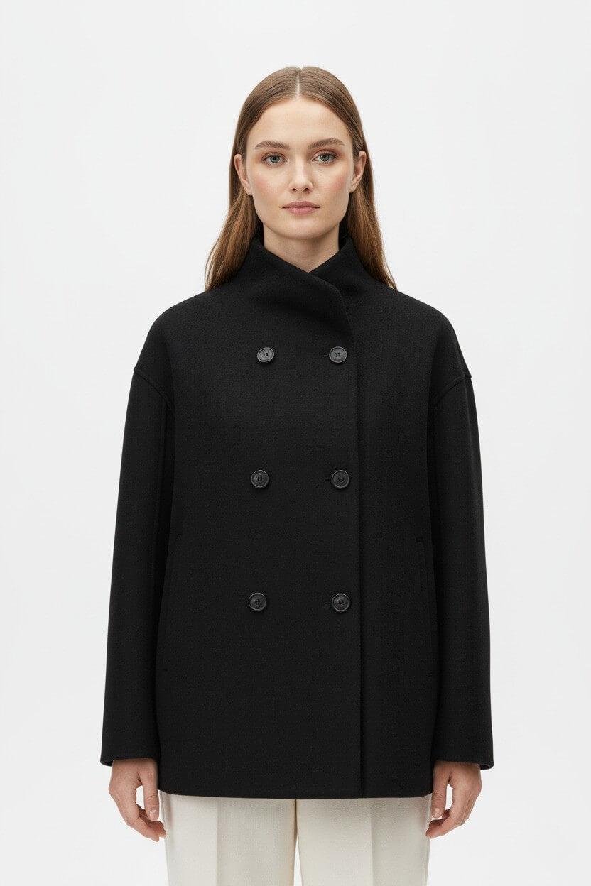 Caurelle | Women’s Wool Coat – Double-Breasted Tatting Weave Elegance