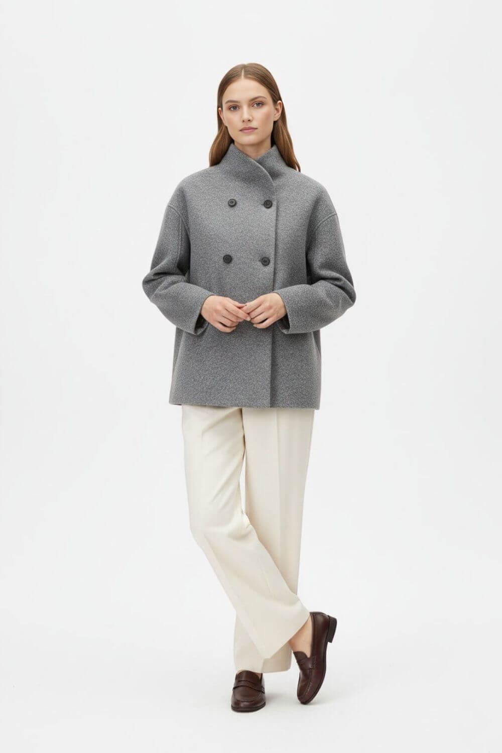 Caurelle | Women’s Wool Coat – Double-Breasted Tatting Weave Elegance