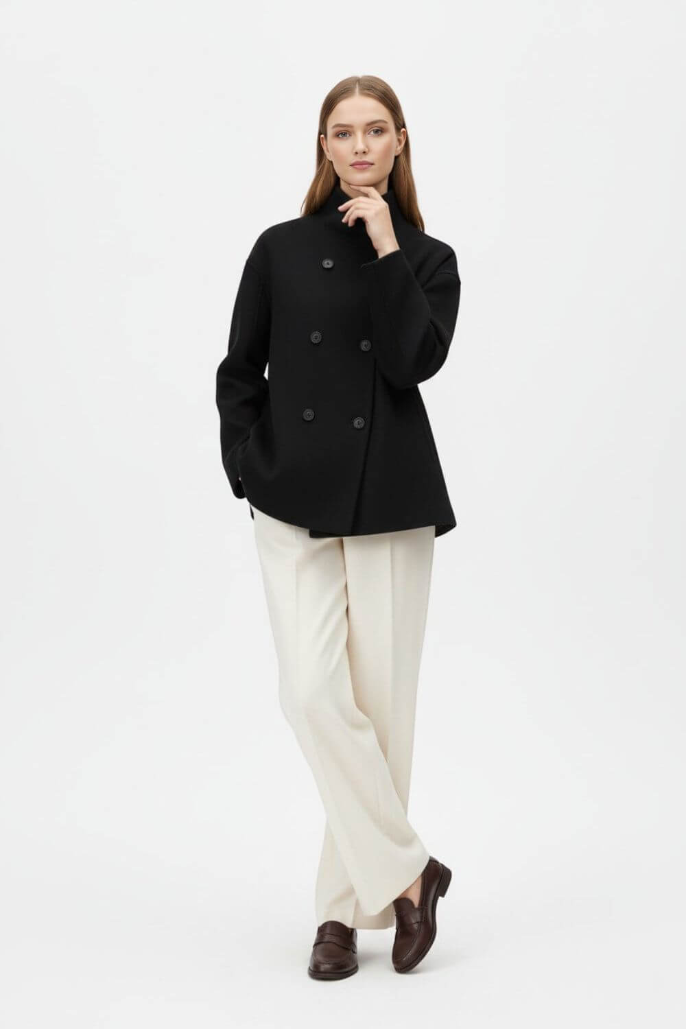 Caurelle | Women’s Wool Coat – Double-Breasted Tatting Weave Elegance