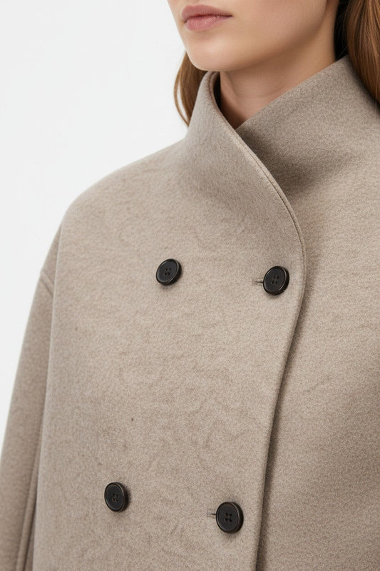 Caurelle | Women’s Wool Coat – Double-Breasted Tatting Weave Elegance