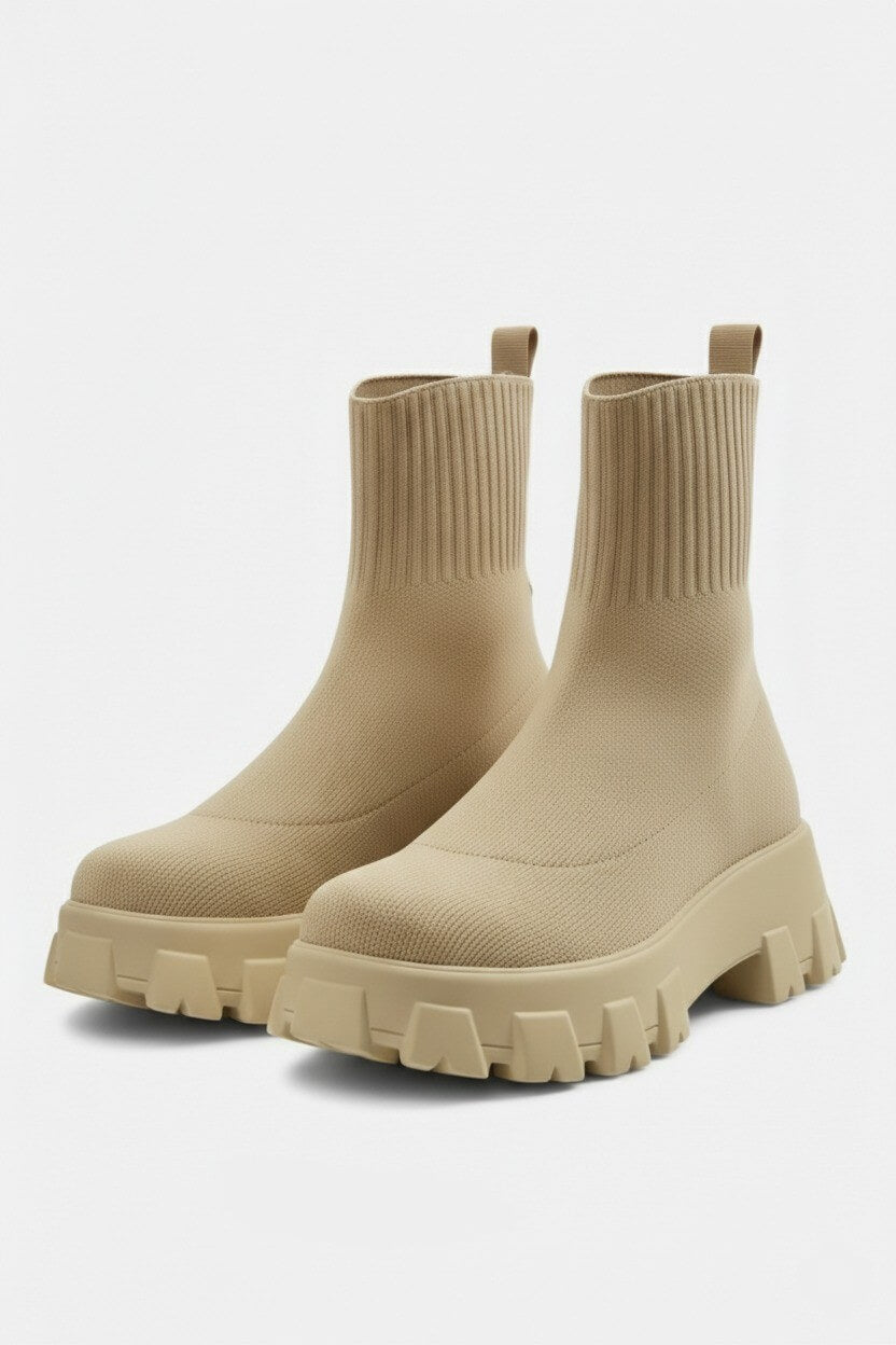 Caurelle | Women’s Thick-Soled Ankle Boots – Knitted Round Toe Autumn Winter