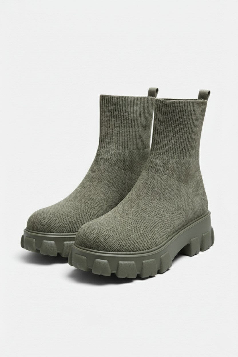 Caurelle | Women’s Thick-Soled Ankle Boots – Knitted Round Toe Autumn Winter