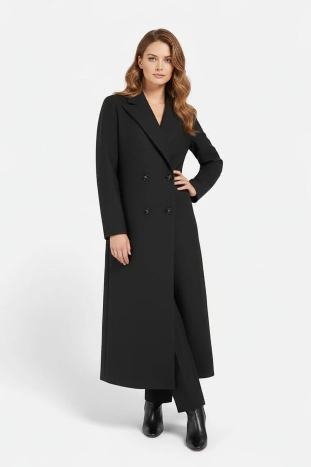 Caurelle | Women’s Long Double-Breasted Coat – Timeless Black Sophistication