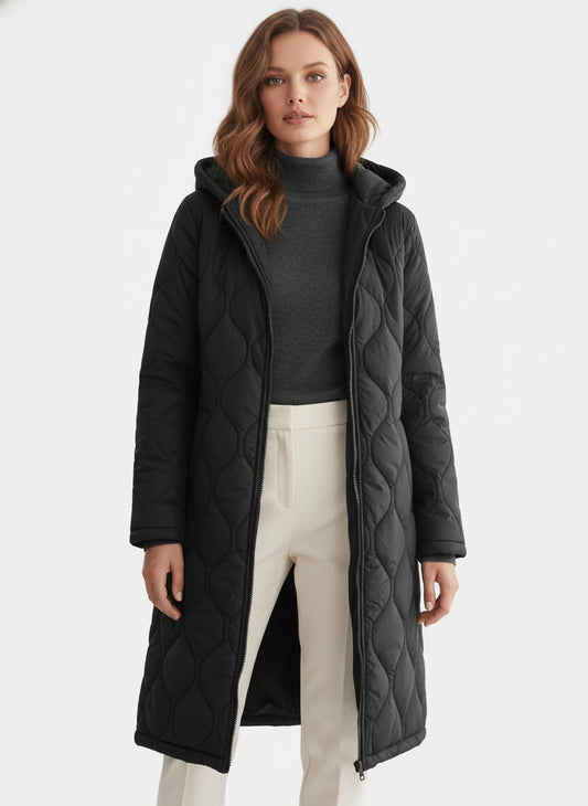 Caurelle | Women’s Black Long Quilted Puffer Coat – Refined Warmth in Classic Form