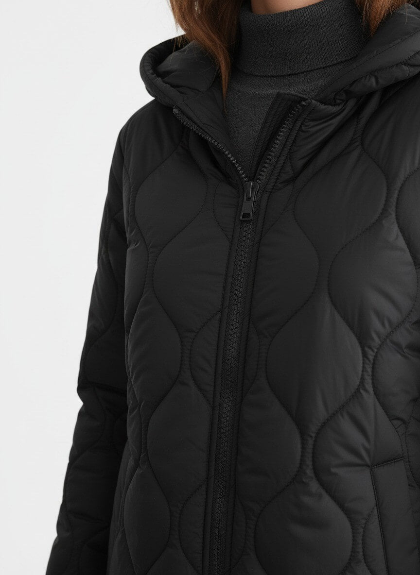 Caurelle | Women’s Black Long Quilted Puffer Coat – Refined Warmth in Classic Form