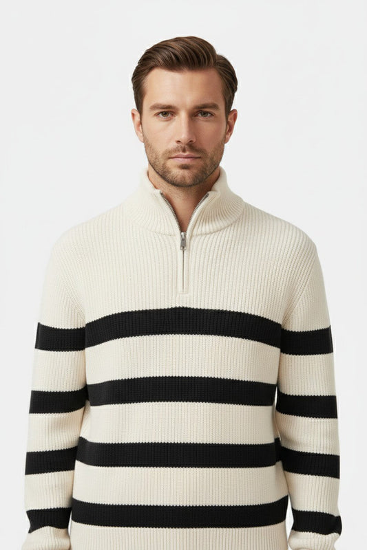 Caurelle | Men’s Knitted Jumper – Striped Half-Zip Pullover