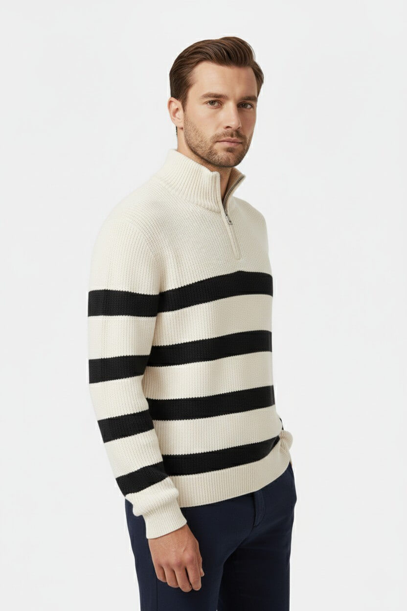 Caurelle | Men’s Knitted Jumper – Striped Half-Zip Pullover