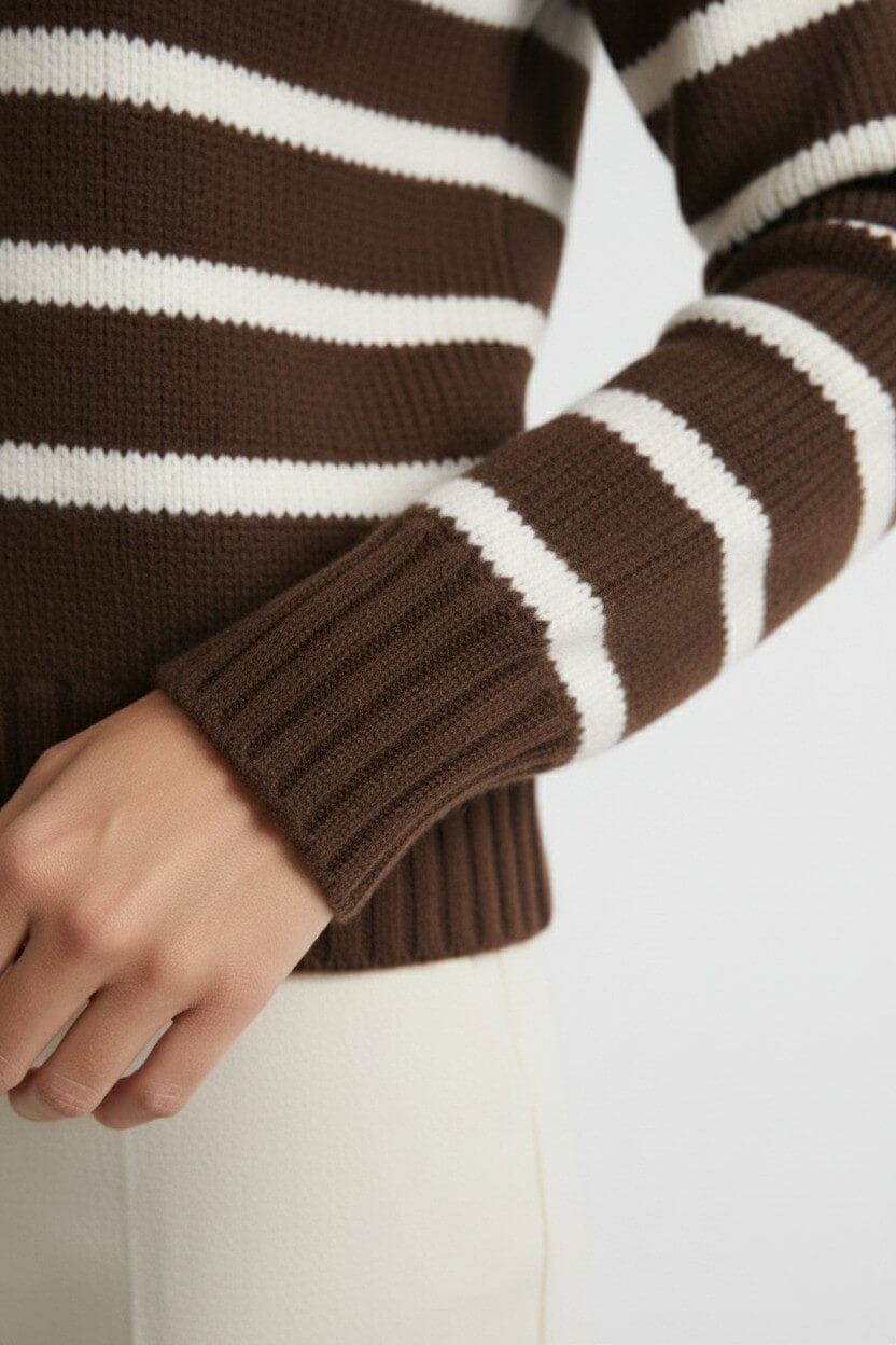 Caurelle | Women’s Roll Neck Jumper – Striped Half-Zip Contrast Collar