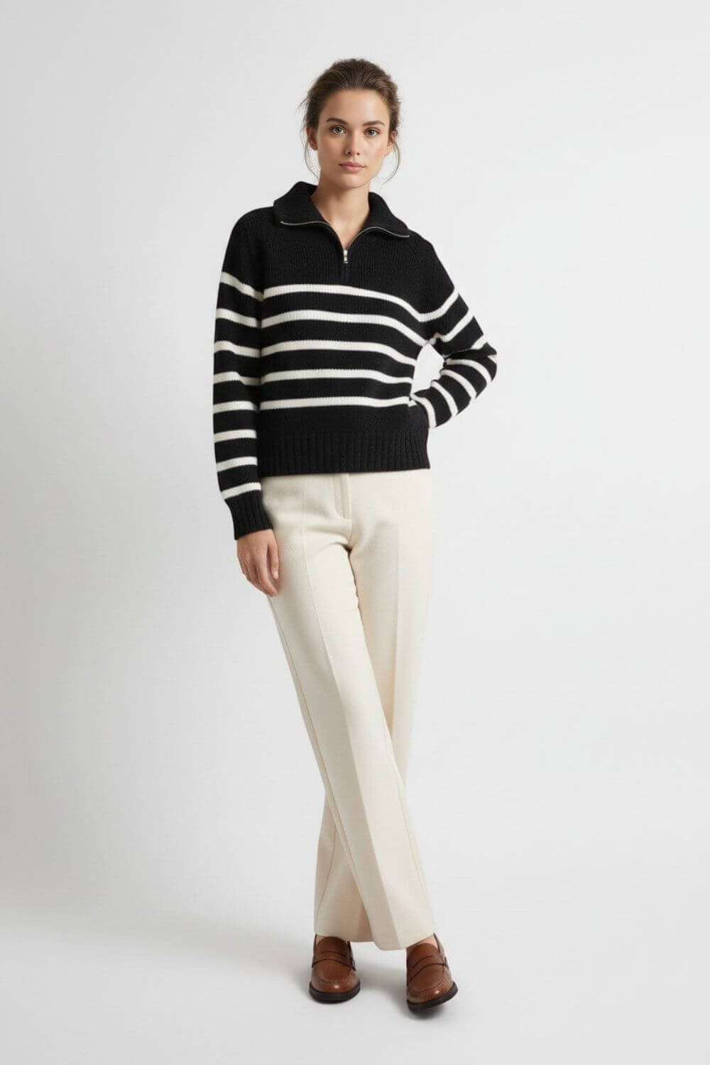 Caurelle | Women’s Roll Neck Jumper – Striped Half-Zip Contrast Collar
