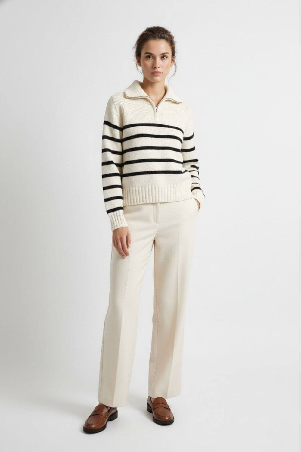 Caurelle | Women’s Roll Neck Jumper – Striped Half-Zip Contrast Collar