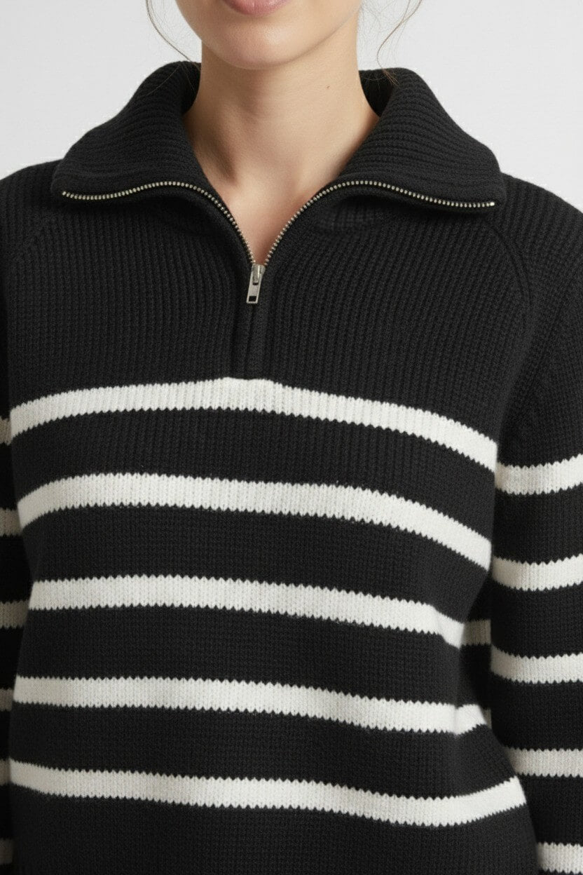 Caurelle | Women’s Roll Neck Jumper – Striped Half-Zip Contrast Collar