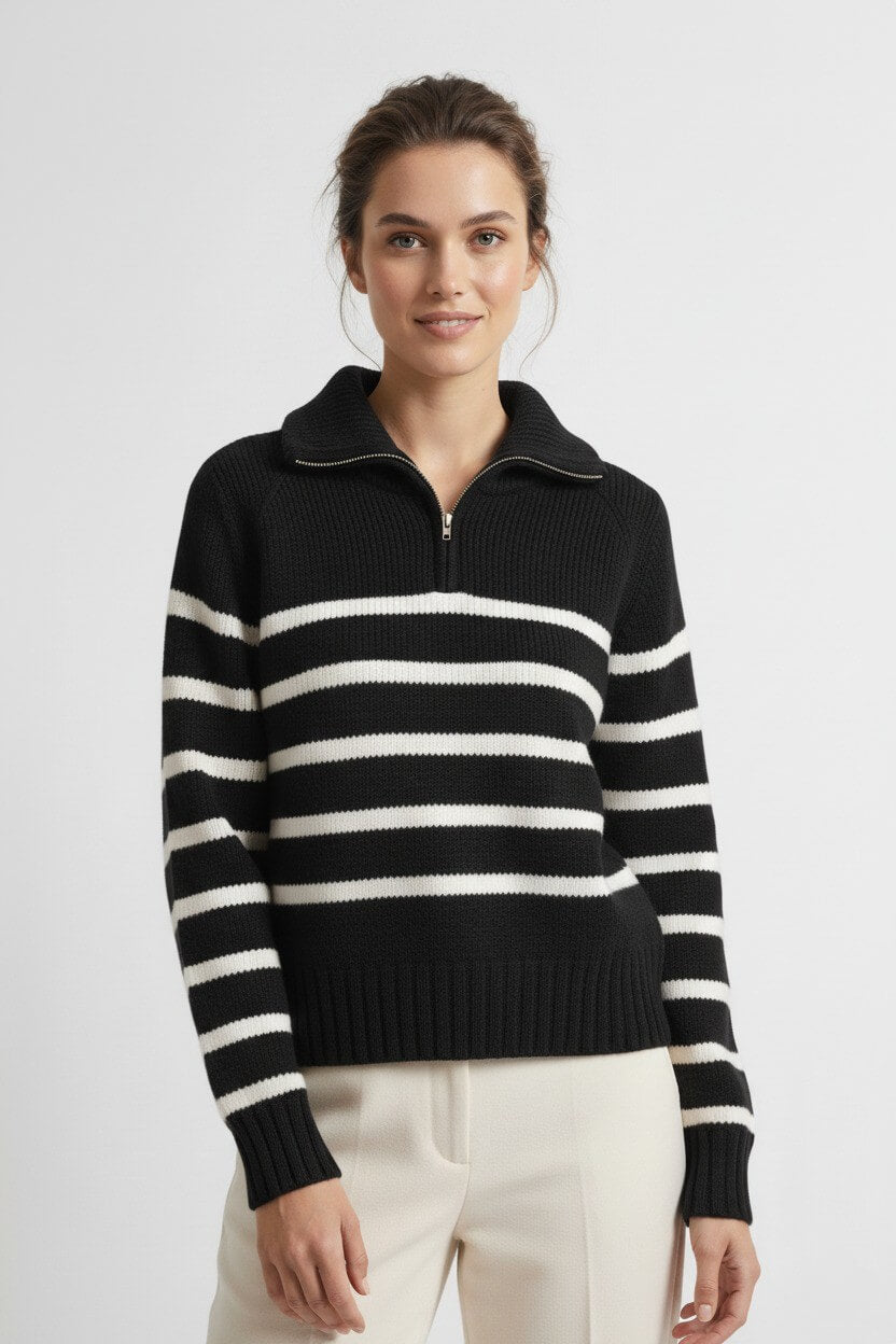 Caurelle | Women’s Roll Neck Jumper – Striped Half-Zip Contrast Collar