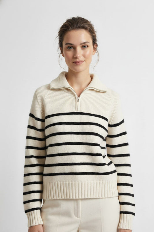 Caurelle | Women’s Roll Neck Jumper – Striped Half-Zip Contrast Collar