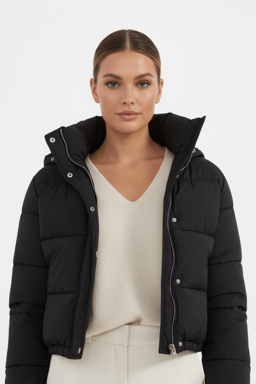 Caurelle | Women’s Hooded Puffer Jacket – Short Black Winter Style