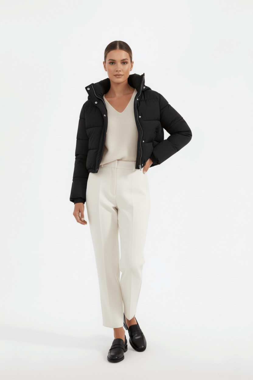 Caurelle | Women’s Hooded Puffer Jacket – Short Black Winter Style