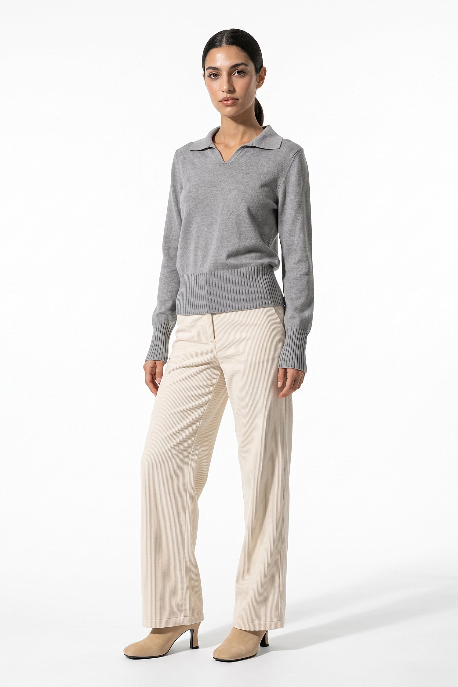 Women's Winter Knitted V Neck Polo Jumper with Long Sleeves