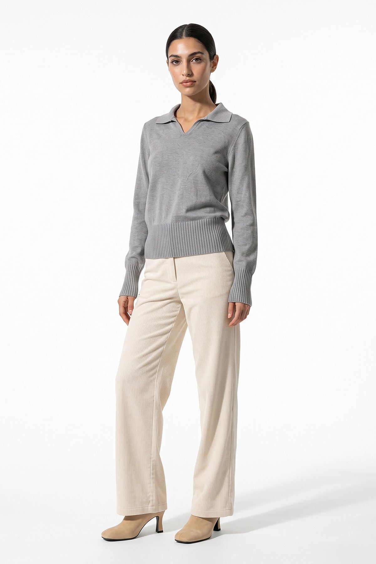 Women's Winter Knitted V Neck Polo Jumper with Long Sleeves