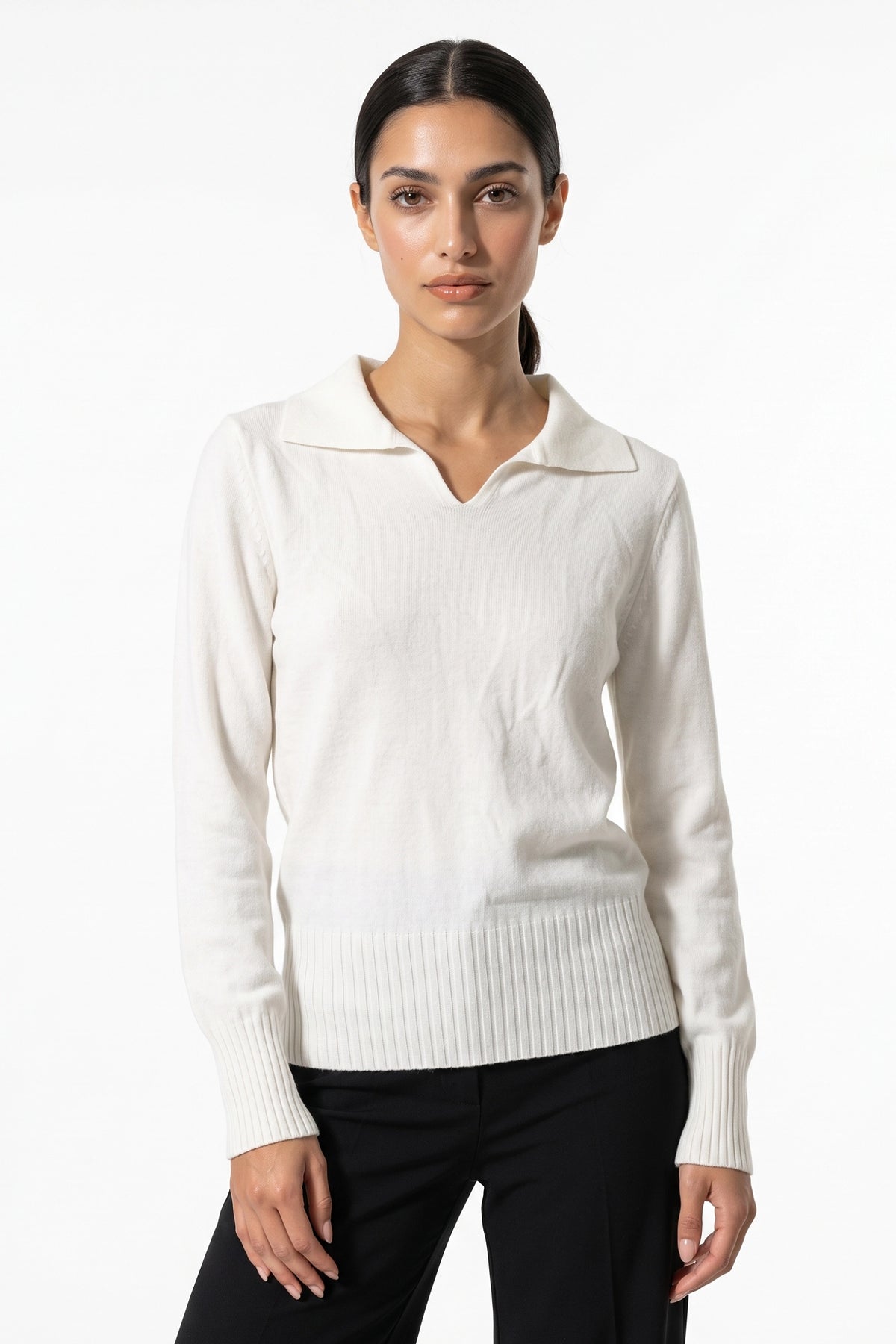 Women's Winter Knitted V Neck Polo Jumper with Long Sleeves