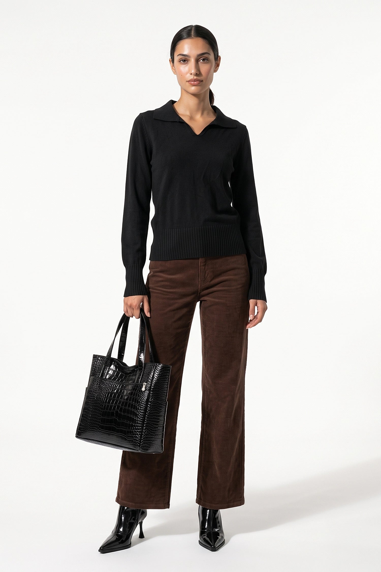 Women's Winter Knitted V Neck Polo Jumper with Long Sleeves