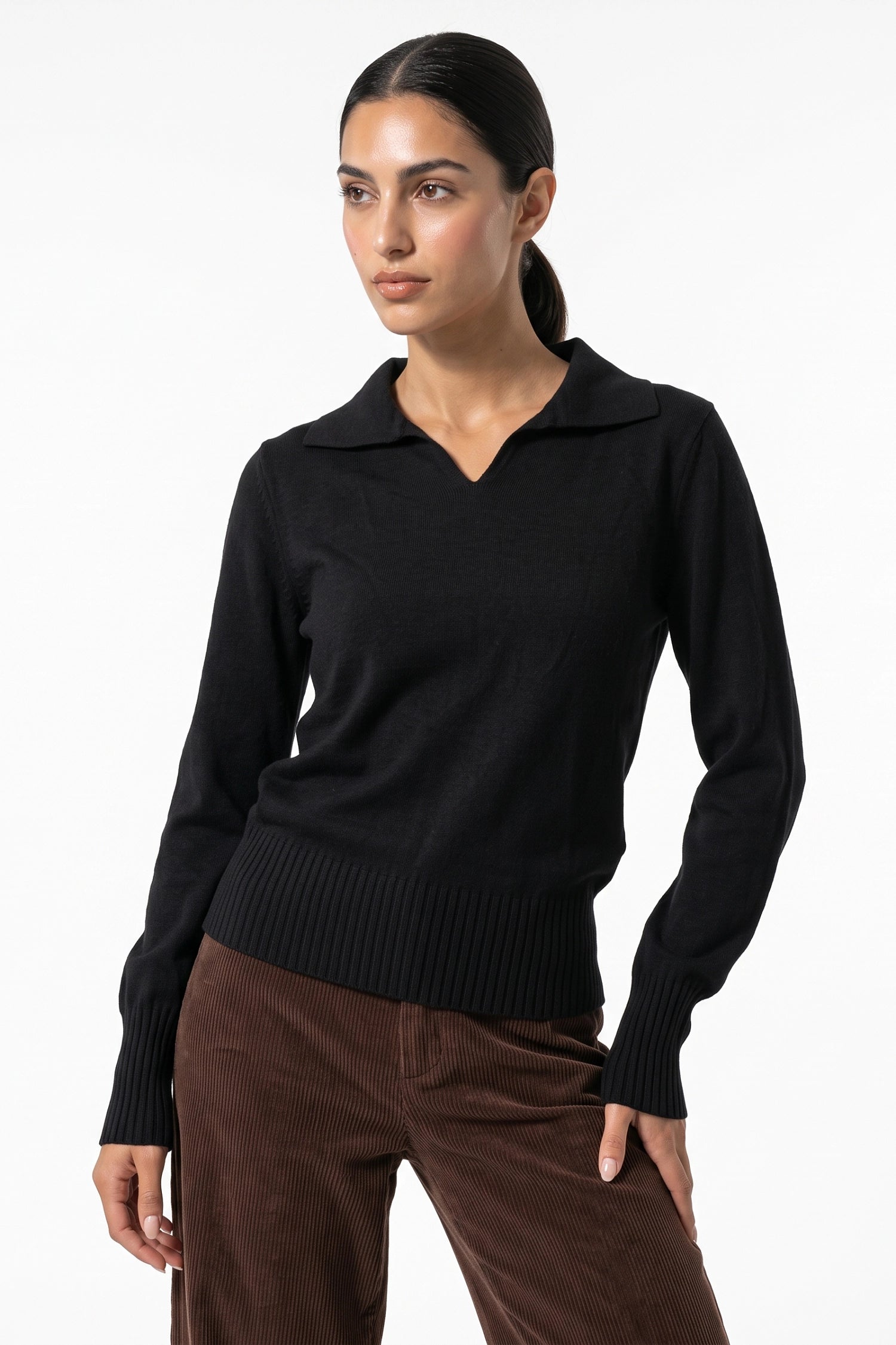 Women's Winter Knitted V Neck Polo Jumper with Long Sleeves