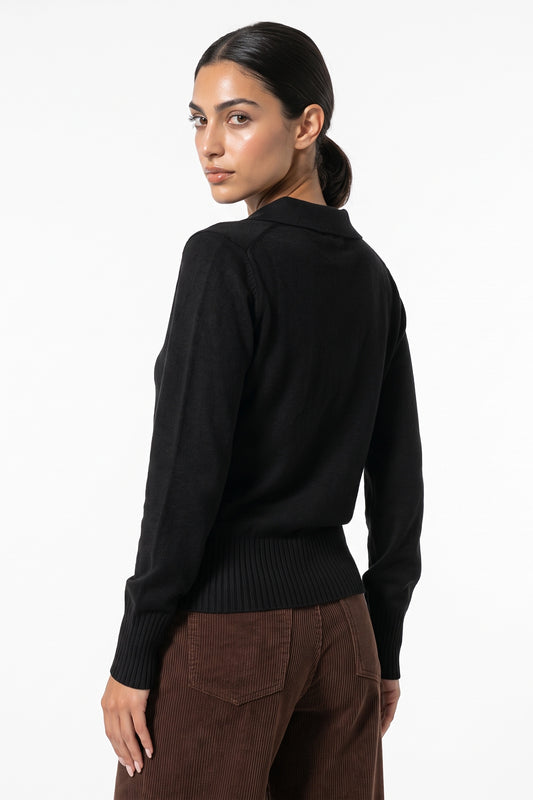 Women's Winter Knitted V Neck Polo Jumper with Long Sleeves